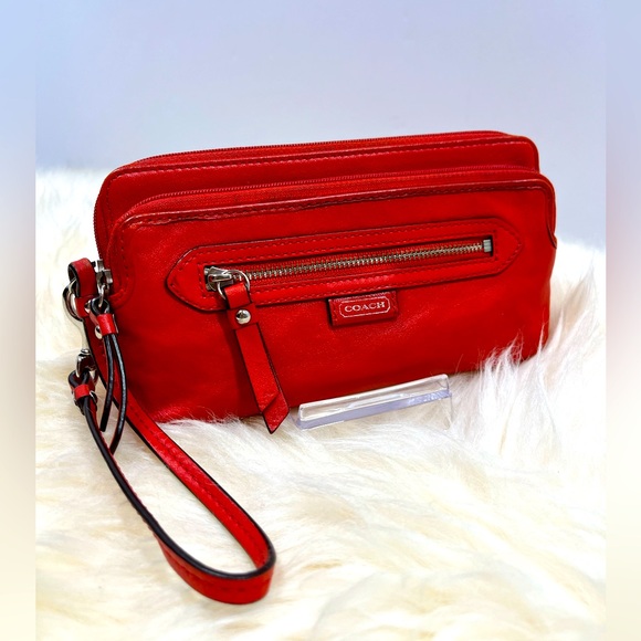 Coach Wristlet Wallet Coral Color Genuine leather Orange Satin Lining - Picture 1 of 17
